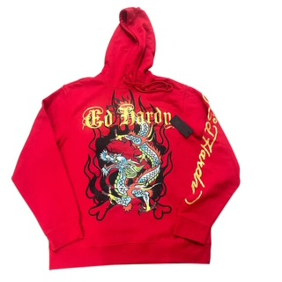 NEW Ed Hardy Tattoo Dragon Hoodie Men’s Size Large Red Sweatshirt NWT - Picture 3 of 11